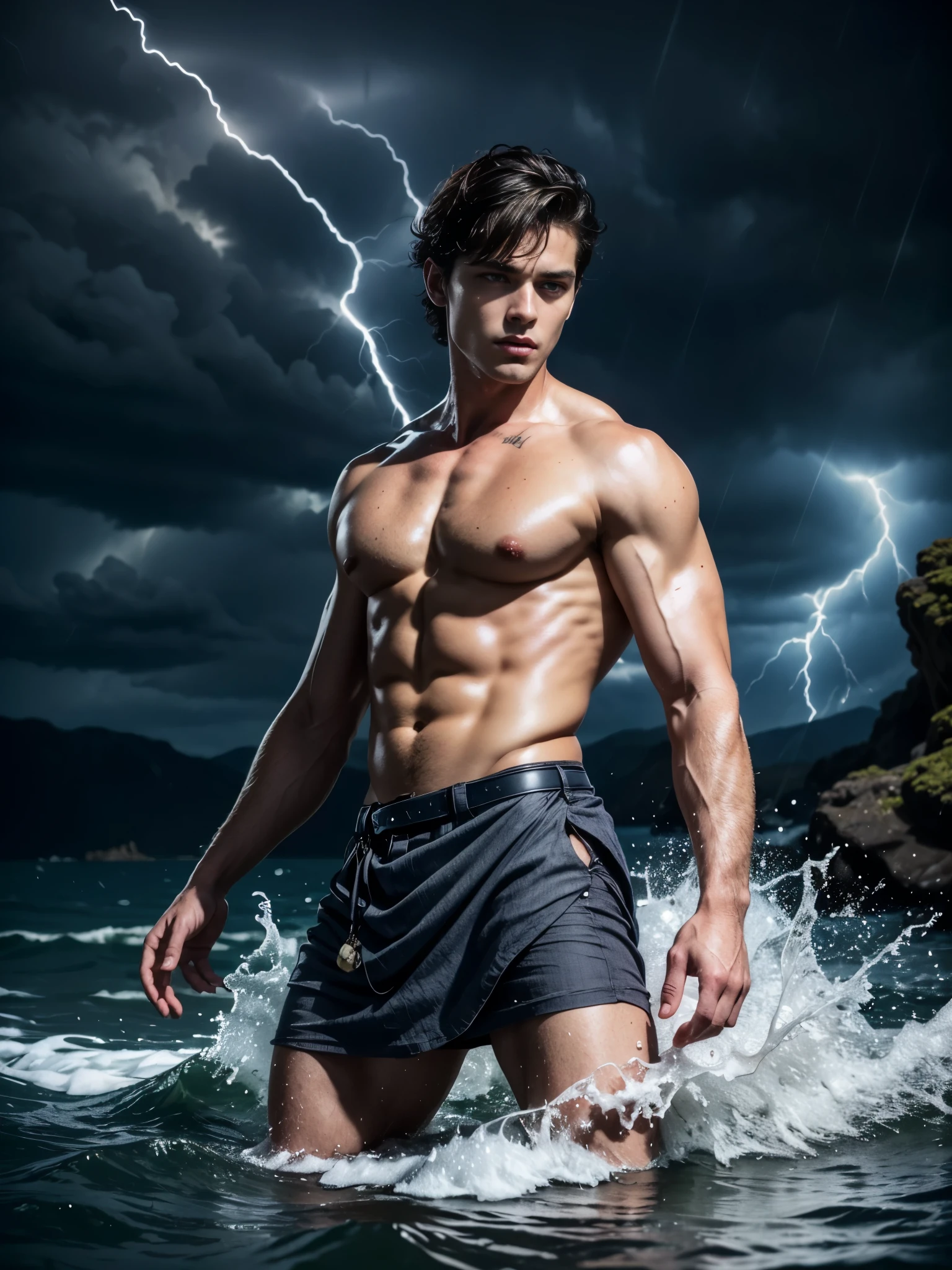 ((masterpiece)),((best quality)),8k, high detailed, ultra-detailed, Stylish Pose, real skin texture, dark cinematic lighting, 18-year-old italian male model, handsome, cute looking, divine look, powerful , (blue eyes:1.4), (god Poseidon:1.3), god of the seas, Neptune, godly, hydrokinesis, bending water, displaying the ability to manipulate water, creating massive waves and bend water, white pale skin, roman god physic, intense, blue eyes, (dry short hair:1.8), dry short brown messy hair, strong jawline, masculine, muscular, defined fit body, hairless chest, shirtless, pantless, open sea, sinister aesthetic, black storm clouds, lightning clouds, deep blue ocean waves, (night dark storm:1.6), barelegged, barefoot, antique cloth, (antique linen spartan skirt:1.3), white linen antique draped cloth skirt,,,,, dim light, dark atmosphere, cinematic lighting, Depth of field, award-winning photography, elegant, hyperrealistic, octane render, unreal, high definition, 8k resolution, highly detailed, 8k uhd, professional lighting, photon mapping, radiosity, physically-based rendering