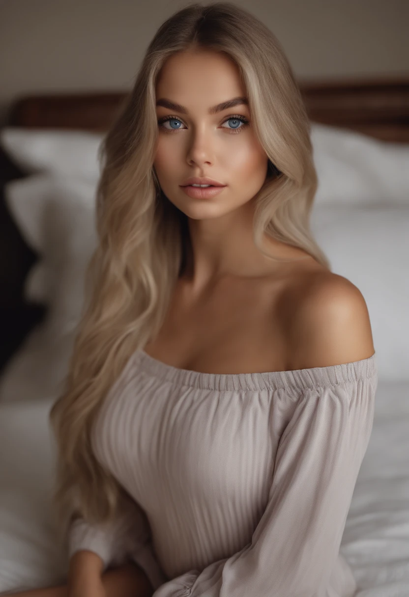 arafed woman fully , sexy girl with blue eyes, ultra realistic, meticulously detailed, portrait sophie mudd, blonde hair and large eyes, selfie of a young woman, bedroom eyes, violet myers, without makeup, natural makeup, looking directly at the camera, face with artgram, subtle makeup, stunning full body shot kneeling on bed, in bedroom, medium to large size bust