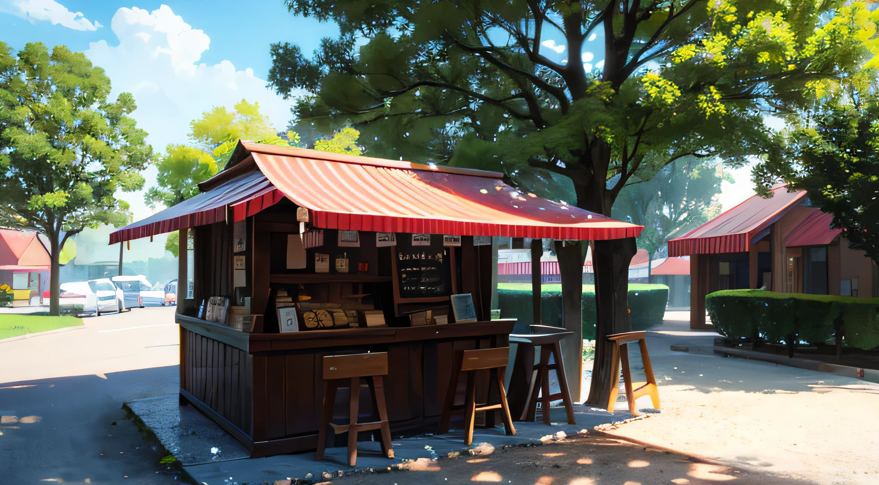 Picture prompt: A cozy park setting, you can see a quaint cigarette/drink stall or a savory meatball cart in the scene, presented in a 3D style.
Description: Enter a serene and picturesque park environment, where lush green trees and vibrant flowers create a peaceful ambiance. In the heart of this idyllic scene, there is a quaint cigarette/drink stall or a delightful meatball cart, adding a touch of charm and authenticity to the setting. The 3D rendering accentuates the details, showcasing every curve and line with precision, making this image a true masterpiece. Observe the intricate textures on the stall