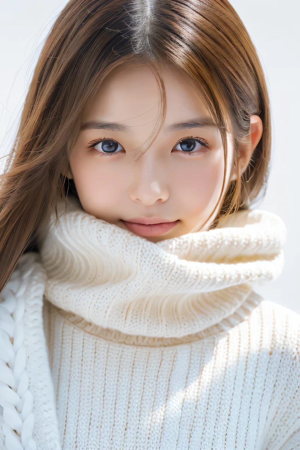 young japanese woman, 30 generations, white background, simple背景, white-brown hair, thin, 4K, In 8K, high quality, beauty, beautiful eyes, simple, High resolution,1 person,beautiful skins,beautiful skin,Wearing white knitwear,winter