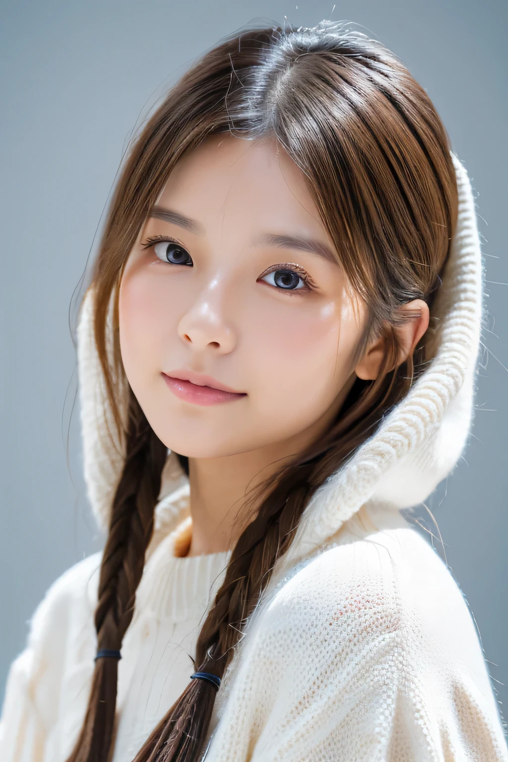 young japanese woman, 30 generations, white background, simple背景, white-brown hair, thin, 4K, In 8K, high quality, beauty, beautiful eyes, simple, High resolution,1 person,beautiful skins,beautiful skin,Wearing white knitwear,winter