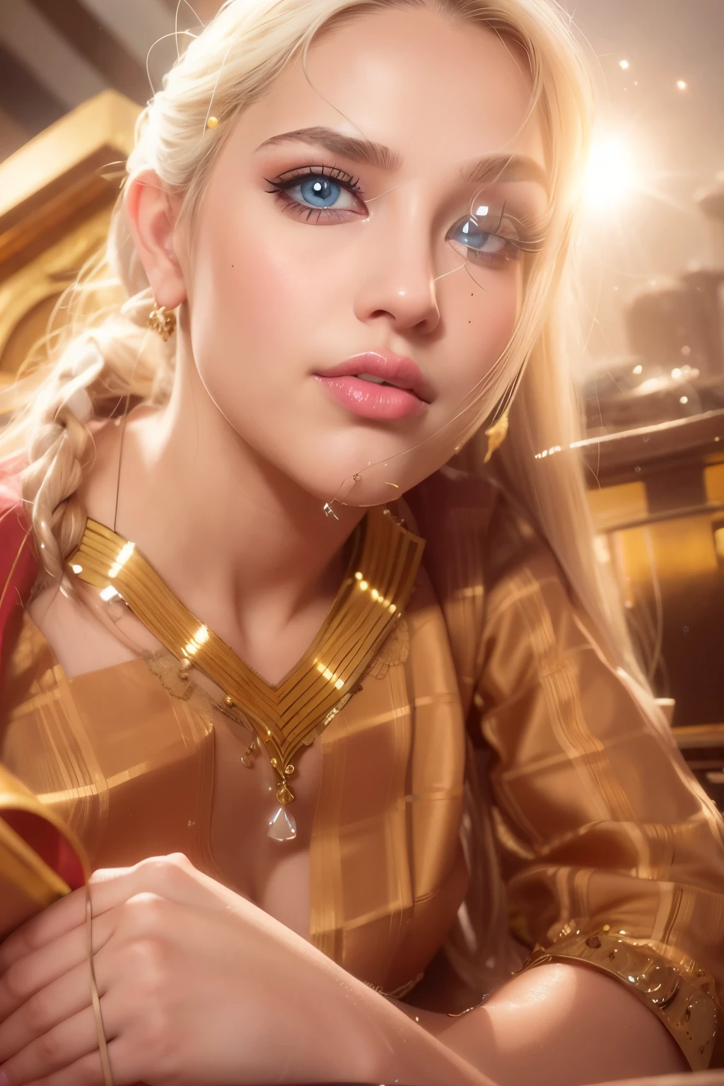 wear Saree criss cross sitting, a bindi on the center of the forehead, gorgeous royal temple, jewelry, gem, necklace, gold bracelet, anklets, thick lips, hands on lips, skindentation, parted lips, (detailed eyes), (seductive pose), ulzzang-6500-v1.1, (large breast:1.2), , thick eyelashes, long eyelashes, light blonde hair, Ponytail, blue eye,
HDR, shallow depth of field, broad light, backlighting, bloom, light sparkles, chromatic aberration, sharp focus, Nikon Z 85mm
unparalleled masterpiece, ultra-realistic 8k photos, best quality masterpiece, best quality, (photorealistic:1.2), (realistic:1.5), (hyperrealistic:1.2),(photorealistic face:1.2)