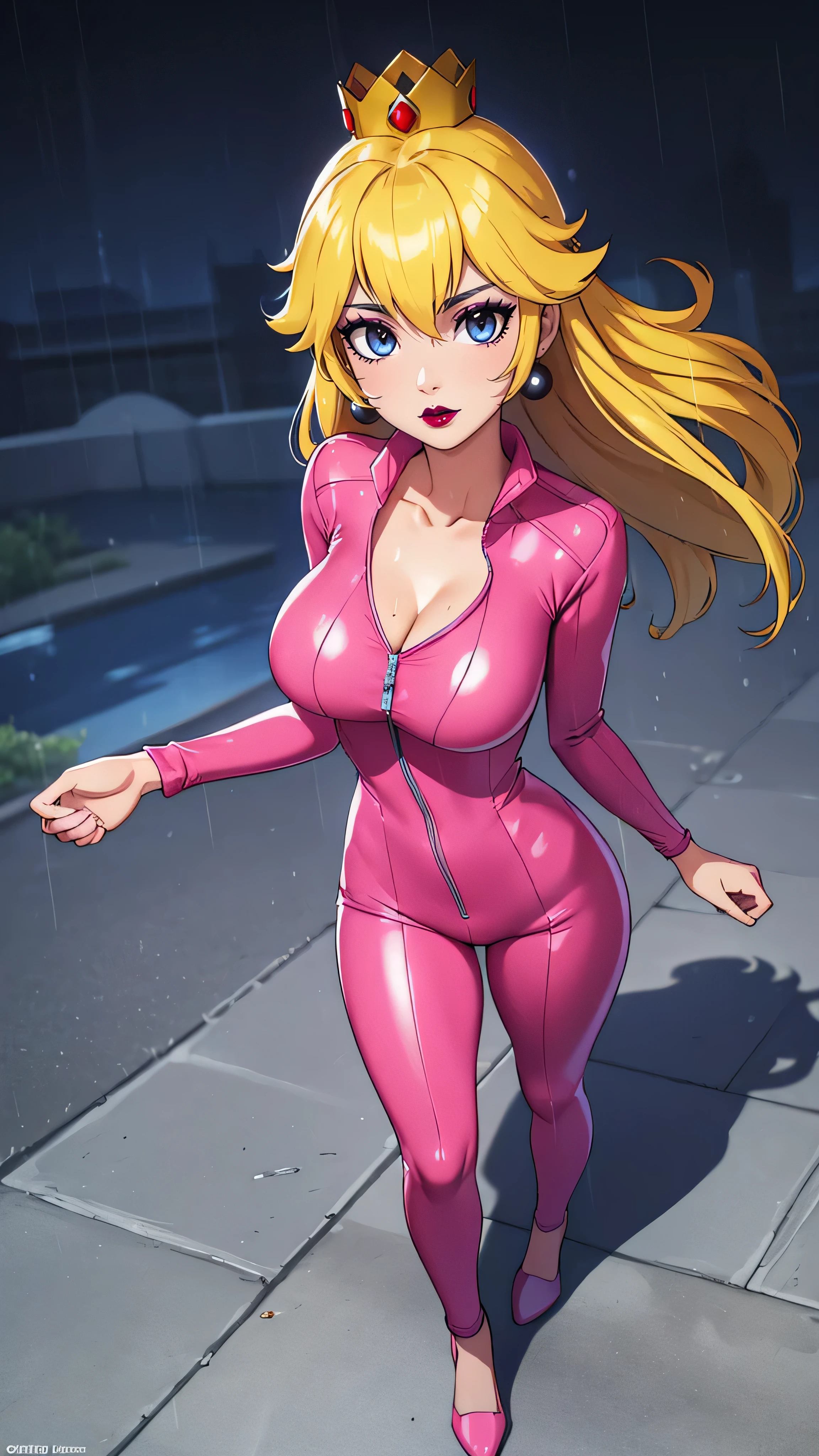 ((high detailed, best quality, 4k, masterpiece, hd:1.3)), BREAK rainy day, sunlight, landscape, it's raining, raining, Princess Peach standing posing under the rain, BREAK neon blue eyes, seductive, attractive, sexy smile, smiling, smooth anime cg art, 34C breasts, cleavage, (long fitness legs), vivid colors, detailed digital art, slim body, perfect skin, wet blonde hair, wet long hair, wet hair, BREAK crown, BREAK looking at viewer, extremely detailed face, (pink jumpsuit), (Jumpsuit:1.5), (pink racing suit), (racing suit:1.5), (pink high heels), full wet body, wet body, earrings, gem, dark gothic eyeshadows, dark eyeshadows, black eyeshadows, black_sexy_lips, black lips, dark lips, gothic painted lips, dark_black_lips, very dark lips, black_painted_lips, (very thin lips), thin lips, detailed lips, (dark:1.2), (perfect hands, perfect anatomy), black makeup, detailed fingers, five fingers per hand, 5 fingers, (1 girl), (solo:1.3), (breast focus), (breasts out:1.3), (from above:1.3), (arms outstretched:1.3),