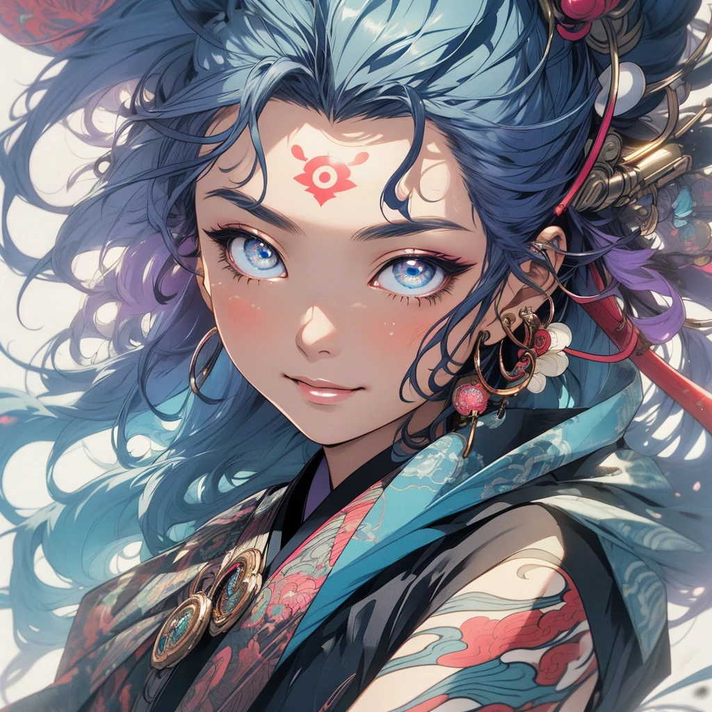 (((highest quality))),(((detailed eyes))),(((32k))),1 girl,hair,(tattoo),cyber punk,kimono,Luxurious and gorgeous,Shiny skin,earrings,flashy,((Super beautiful woman)),perfect face,Japanese sword,ultimate texture,official art,Ukiyo-e,stylish,photograph,perfect body,smile,Bewitching,Highest image quality,distinct,real,fantasy,(Near the future),prajna mask,