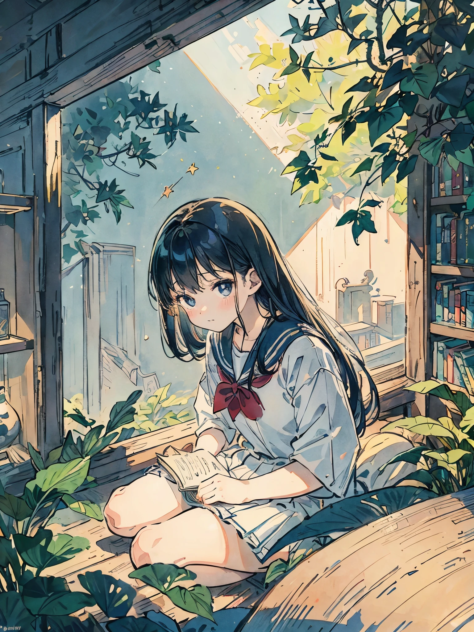 library、library、books stacked up、countless bookshelves、A girl in a sailor suit is sitting、sunlight filtering through the foliage、Foliage plant、nostalgic、mysterious、dark room、star