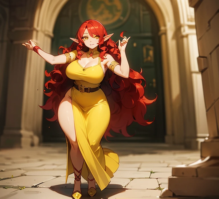 (((An elf woman alone))),(((light skin))),(((Wavy red hair))),(((yellow eyes and a sharp look))),(curvy body),(((wearing pretty dress)))