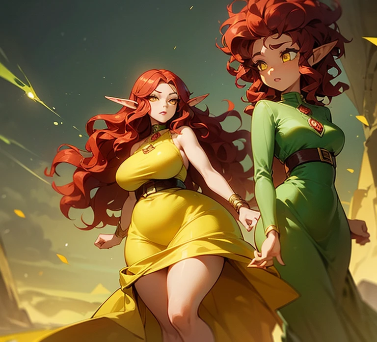 ((I want an elf woman milf, with wavy red hair and cold yellow eyes, curvy body, royal dress, a cold expression))