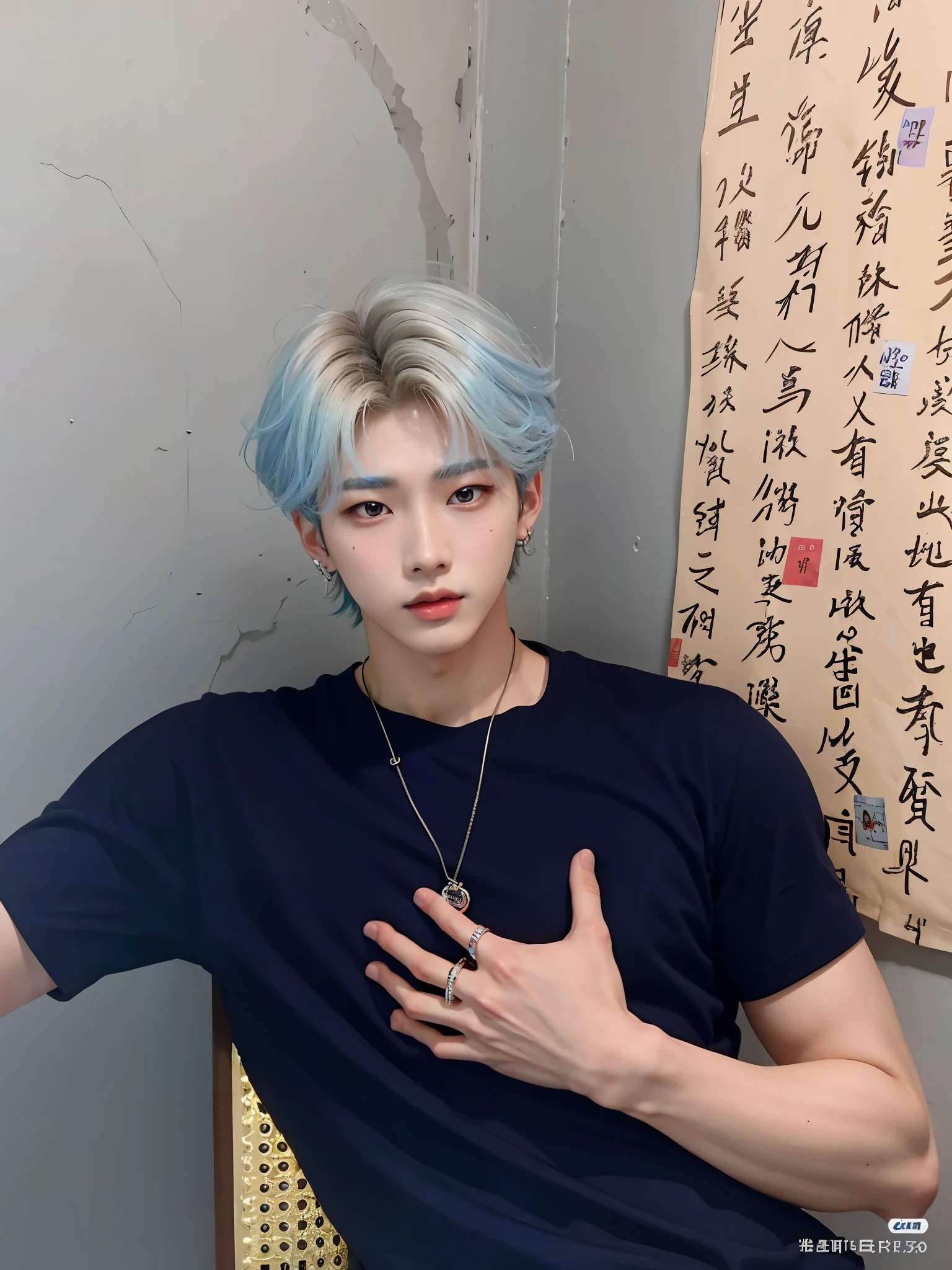 Hombre arafed con camisa azul y un collar con escritura china., cai xukun, yanjun chengt, xqc, kim doyoung, inspirado por Zhang Han, inspirado en Yanjun Cheng, inspirado en Bian Shoumin, Jung Jaehyun, heise jinyao, hyung tae, con pelo largo y blanco, Jinyoung Shin, TaeJune Kim, hombre surcoreano