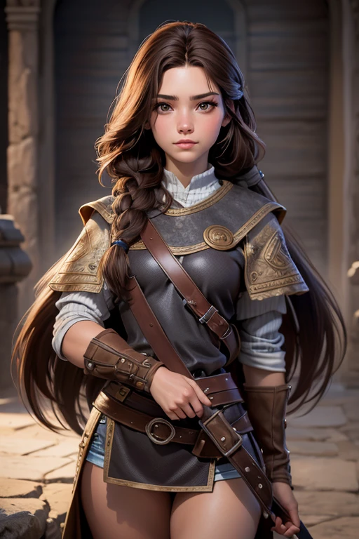 (Obra maestra, La mejor calidad) young 18 year old woman, Cabello largo, ojos azules, cabello rubio, brown hair, tenencia, boca cerrada, Parte superior del cuerpo, arma, trenza, al aire libre, tenencia arma, armadura vikinga, ropa vikinga, realista.