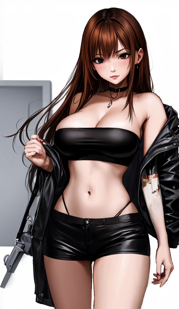 A beautiful adult woman with shoulder-length big breasts, beautiful legs, and a sharp face is standing with middle-aged men in suits on a crowded train wearing a black tube top that exposes her navel and hot pants shaped like black panties.。