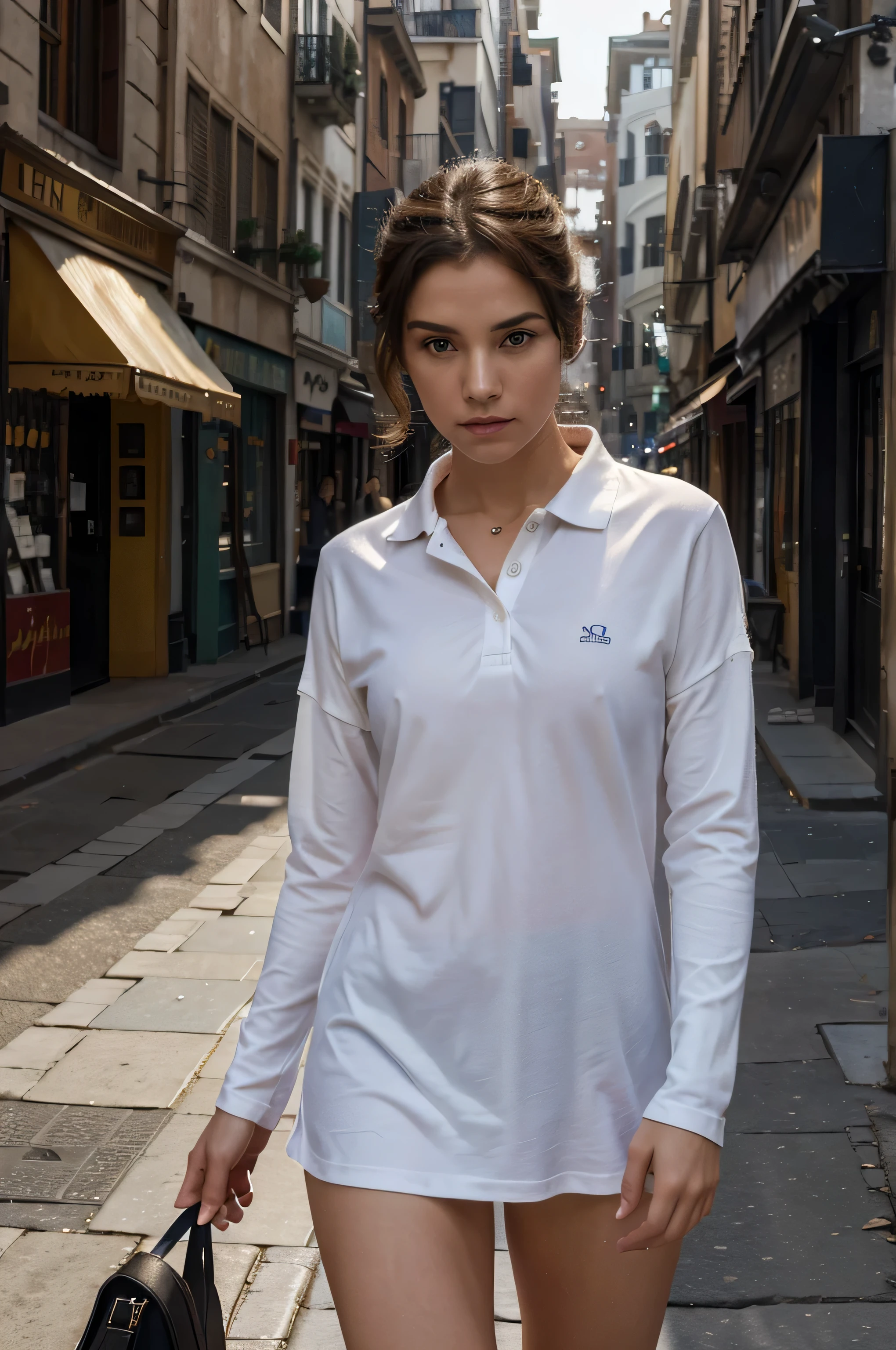 A girl wearing a white tunic polo shirt, long sleeve, featuring a cinematic angle: 1.2. The setting is a street view with beautiful lighting effects resembling those in a movie. The hair tied, adding a touch of elegance to the scene. The image quality is of the highest standard, with detailed details captured in a masterpiece-like manner. This prompts the generation of official art, with a 4K resolution showcasing every fine aspect of the image.
