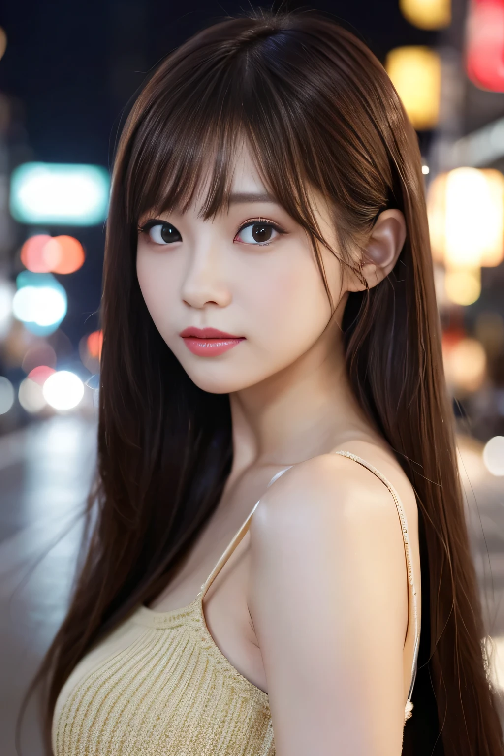 masterpiece、1 beautiful girl、fine eyes、puffy eyes、highest quality, 超High resolution, (reality: 1.4), movie lighting、Japanese、asian beauty、super beautiful、beautiful skin、thin、body facing forward、(超reality的な)、(High resolution)、(8K)、(very detailed)、(beautiful fine eyess)、(Super detailed)、 (wallpaper)、detailed face、bright lighting、professional lighting、looking at the viewer、look straight ahead、(The costume is a knitted dress)、long hair, hair is dirty, asymmetrical bangs, 、night view、brown hair、japanese idol、korean idol、fiery idol pose、actress、19 years old、expensive,