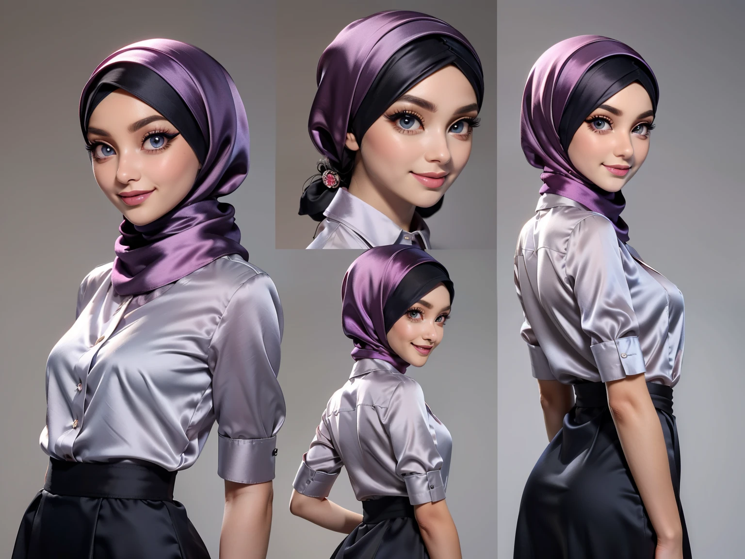 Character Design - a close up character design sheet of a beautiful hijab girl character, beautifully makeup, eyeshadow, Parted Lips, detailed eyes, beautiful big eyes, long eye lashes, smile,. She's dresses (Dark gray satin headscarf)), loosely tide hijab style, ((Taupe satin shirt)), satin long skirt. Cartoon style, front, side and back views