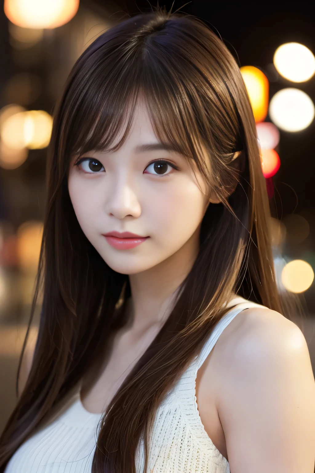 masterpiece、1 beautiful girl、fine eyes、puffy eyes、highest quality, 超High resolution, (reality: 1.4), movie lighting、Japanese、asian beauty、super beautiful、beautiful skin、thin、body facing forward、(超reality的な)、(High resolution)、(8K)、(very detailed)、(beautiful fine eyess)、(Super detailed)、 (wallpaper)、detailed face、bright lighting、professional lighting、looking at the viewer、look straight ahead、(The costume is a knitted dress)、long hair, hair is dirty, asymmetrical bangs, 、night view、brown hair、japanese idol、korean idol、fiery idol pose、actress、19 years old、expensive,