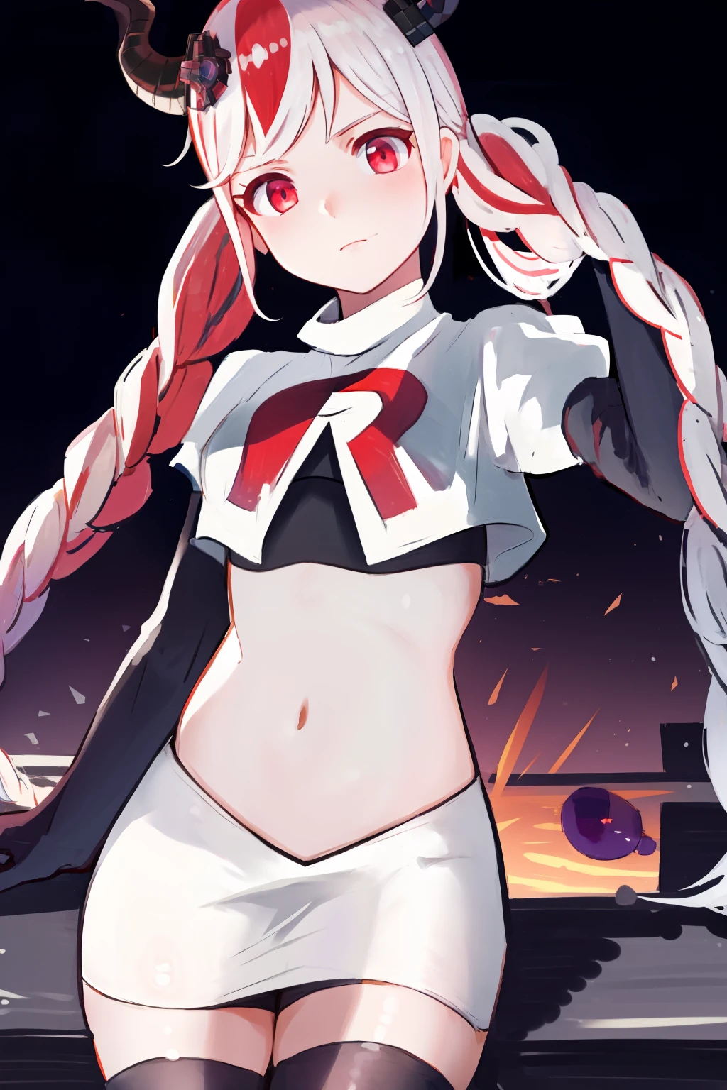 masterpiece, best quality, highres, 1girl twintails twin braids hair ornament demon horns crown, team rocket,team rocket uniform, red letter R, white skirt,white crop top,black thigh-highs,black elbow gloves,