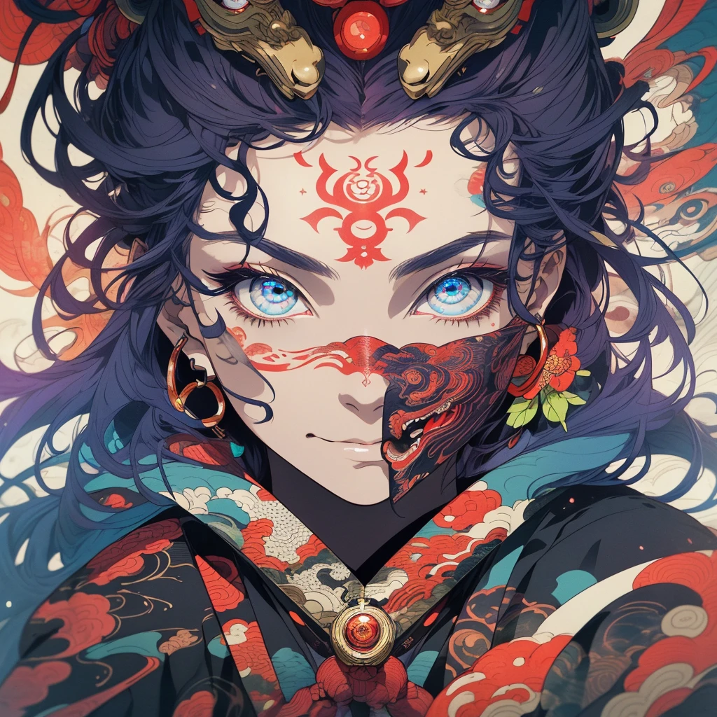 (((highest quality))),(((detailed eyes))),(((32k))),1 girl,hair,(tattoo),cyber punk,kimono,Luxurious and gorgeous,Shiny skin,earrings,flashy,((Super beautiful woman)),perfect face,Japanese sword,ultimate texture,official art,Ukiyo-e,stylish,photograph,perfect body,smile,Bewitching,Highest image quality,distinct,real,fantasy,(Near the future),Hannya mask,Demon Fox,