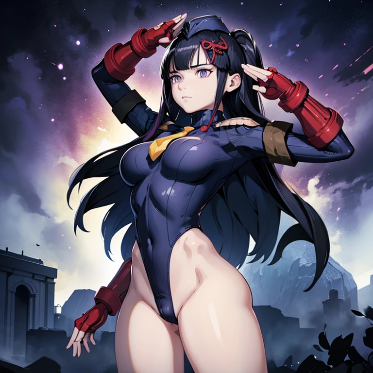 ultra-detailed, Explicit, Beautiful body, Beautiful Nose, Beautiful character design, perfect eyes, perfect face, ultra highres, 4K, beautiful legs, perfect legs, Nice hands, Perfect hand, Masterpiece, Best Quality, Highly detailed, illustration, absurdres, perfect anatomy, street fighter, doll suit, shadaloo doll, dollsuit, girls, multiple girls, expressionless, blank eyes, looking at viewer, red gloves, emotionless, black latex, corrution, mind control, female combatant, full body, hypnotized, unhappy trance, full body suit, ribbed bodysuit, both arms at side, obey, perfect female body, extremely glossy latex, hypnosis, hypnoLora, empty eyes, Mind control device, poses, submissive_pose, Slave, hat, necktie, stand up straight, standing, standing at attention, hat, necktie, belt, latex, ribbed bodysuit, thighhighs, garter belt, Fighting Stance, extending the right arm from the shoulder into the air with a straightened hand, nazi saluting, military, military saluting, salute, thigh boots, 1girl, Solo, Yamashiro Ren, Mato Seihei no Slave, black hair, long hair, purple eyes