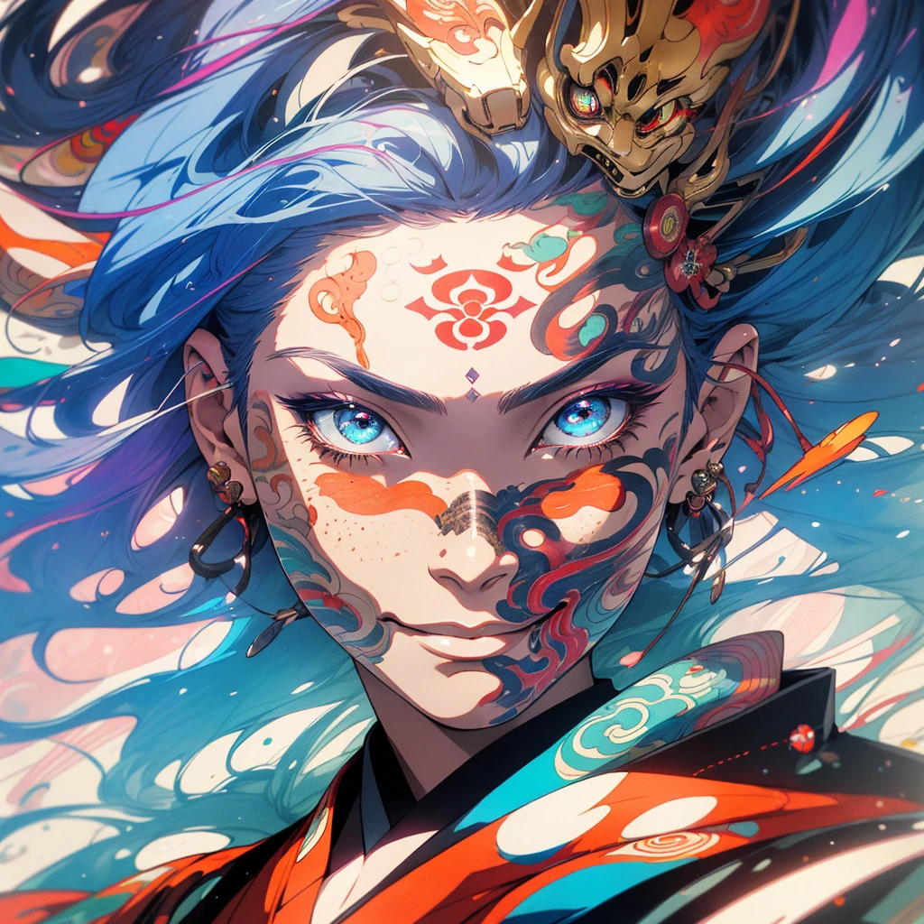 (((highest quality))),(((detailed eyes))),(((32k))),1 girl,rainbow colored hair,(Japanese tattoo),cyber punk,Rainbow kimono,Luxurious and gorgeous,Shiny skin,earrings,flashy,((Super beautiful woman)),perfect face,Japanese sword,ultimate texture,official art,Ukiyo-e,stylish,photograph,perfect body,smile,Bewitching,Highest image quality,distinct,real,fantasy,Near the future,Hannya mask,Demon Fox,