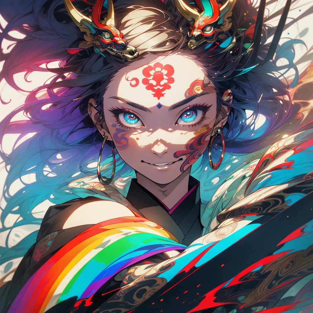(((highest quality))),(((detailed eyes))),(((32k))),1 girl,rainbow colored hair,(Japanese tattoo),cyber punk,Rainbow kimono,Luxurious and gorgeous,Shiny skin,earrings,flashy,((Super beautiful woman)),perfect face,Japanese sword,ultimate texture,official art,Ukiyo-e,stylish,photograph,perfect body,smile,Bewitching,Highest image quality,distinct,real,fantasy,Near the future,Hannya mask,Demon Fox,