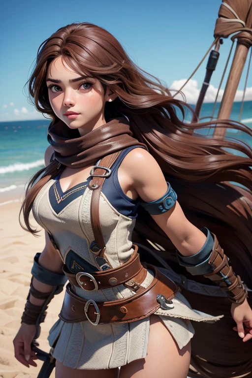 (Obra maestra, La mejor calidad) young 18 year old woman, Cabello largo, ojos azules, cabello rubio, brown hair, tenencia, boca cerrada, Parte superior del cuerpo, arma, trenza, al aire libre, tenencia arma, armadura vikinga, ropa vikinga, realista.