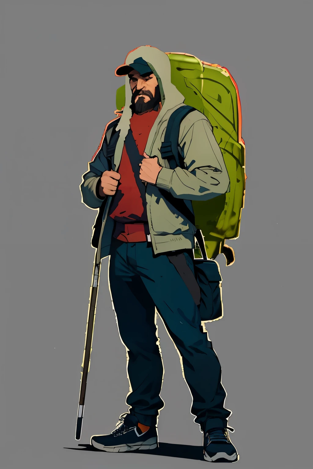 masterpiece，top quality，best quality) bold outline style，one person，A middle-aged street businessman，weathered，Carrying a large backpack，The backpack contains all kinds of weird things，Full of beard，Full of vicissitudes，Sly eyes，have a cane，Wear a cap，hip hop mix，American comic book style，solid color background