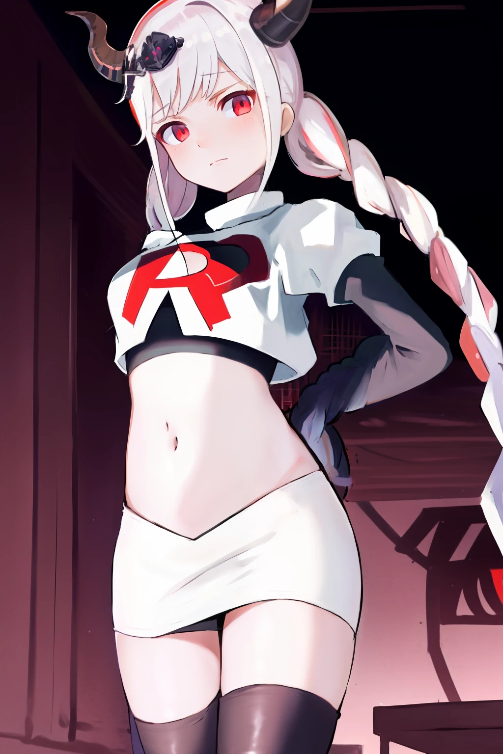 masterpiece, best quality, highres, 1girl twintails twin braids hair ornament demon horns crown, team rocket,team rocket uniform, red letter R, white skirt,white crop top,black thigh-highs,black elbow gloves,