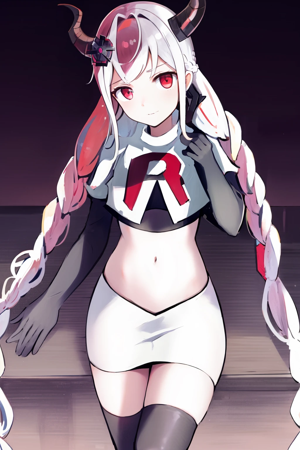 masterpiece, best quality, highres, 1girl twintails twin braids hair ornament demon horns crown, team rocket,team rocket uniform, red letter R, white skirt,white crop top,black thigh-highs,black elbow gloves,