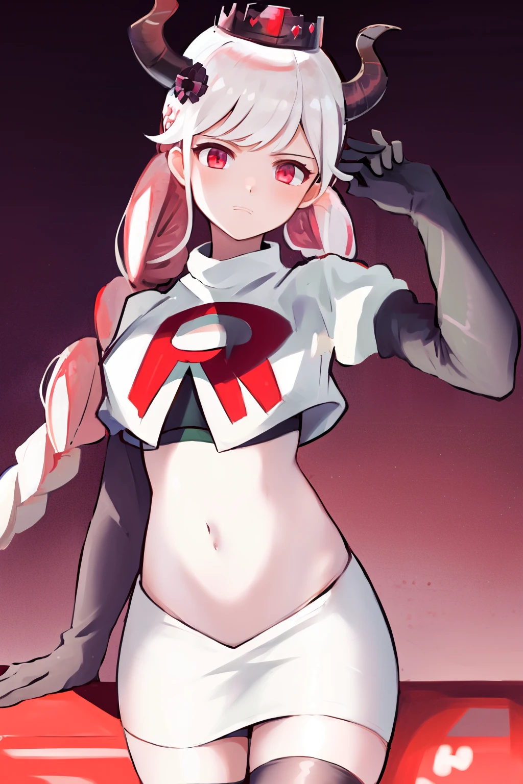 masterpiece, best quality, highres, 1girl twintails twin braids hair ornament demon horns crown, team rocket,team rocket uniform, red letter R, white skirt,white crop top,black thigh-highs,black elbow gloves,