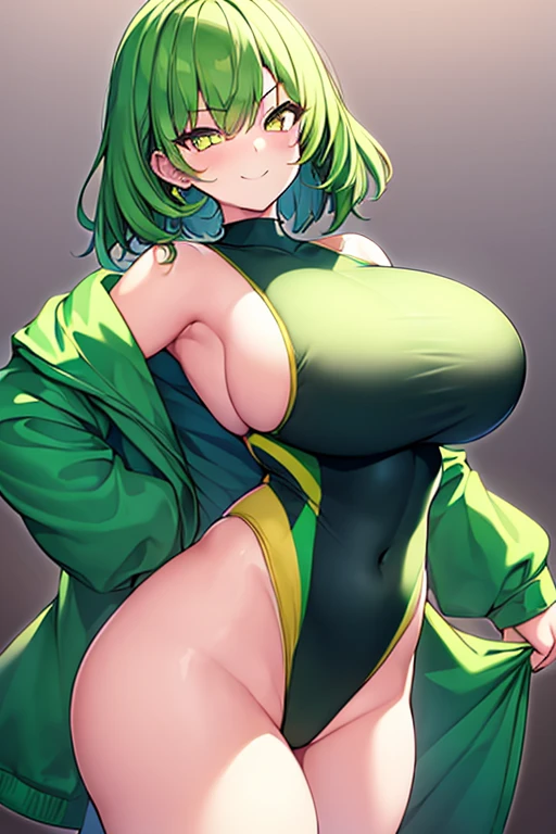 1girl, large breasts, wide hips, thick thighs, green hair, very short hair, yellow eyes, smirk, smug, smile, one-piece swimsuit, competition swimsuit, black swimsuit, pool, sleeves, long sleeves, green trim, green line, bare legs, neon trim, neon, tech