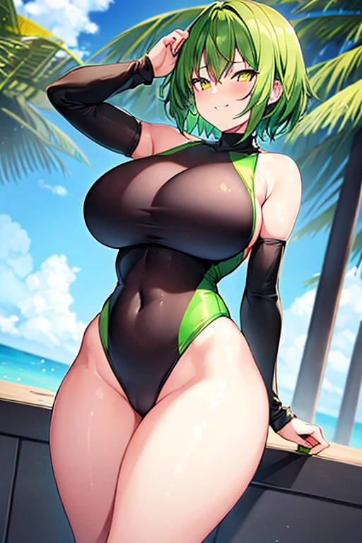 1girl, large breasts, wide hips, thick thighs, green hair, very short hair, yellow eyes, smirk, smug, smile, one-piece swimsuit, competition swimsuit, black swimsuit, pool, sleeves, long sleeves, green trim, green line, bare legs, neon trim, neon, tech