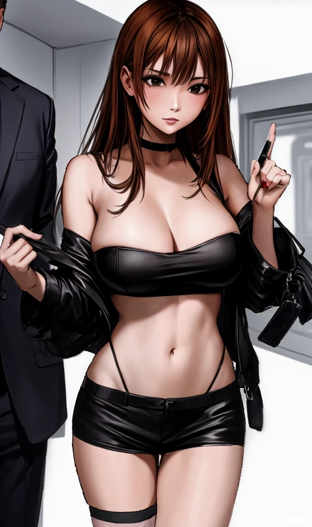 A beautiful adult woman with shoulder-length big breasts, beautiful legs, and a sharp face is provoking a middle-aged man in a suit on a train wearing a black tube top that exposes her navel and hot pants shaped like black panties. Masu。