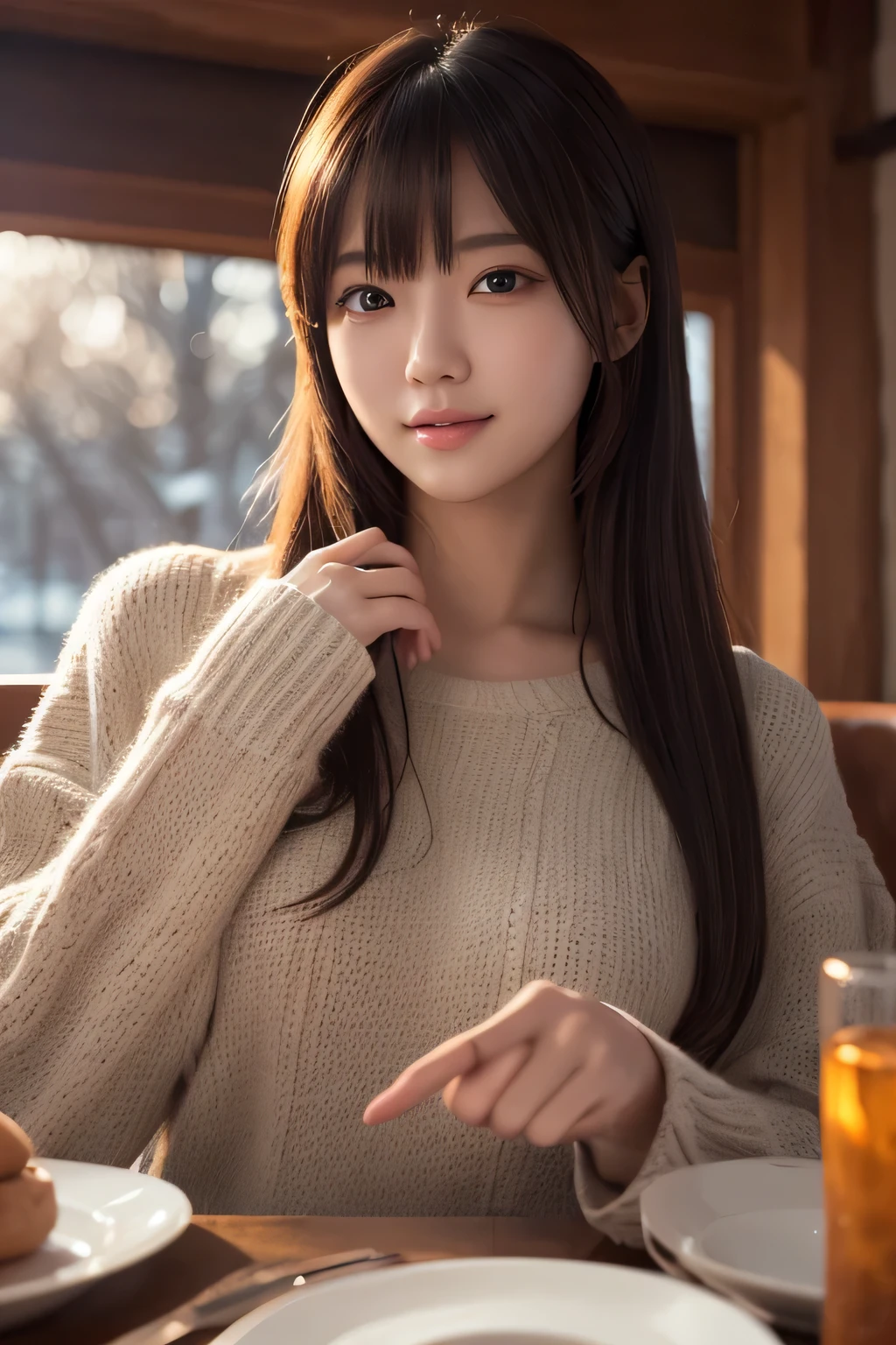 1 girl, (wear winter clothes:1.2), (immature, highest quality), (realistic, Photoreal:1.4), table top, very delicate and beautiful, very detailed, 2k wallpaper, wonderful, finely, very detailed CG Unity 8K 壁紙, Super detailed, High resolution, soft light, beautiful detailed girl, very detailed目と顔, beautifully detailed nose, beautiful and detailed eyes, cinematic lighting, winter scenery, perfect anatomy, slender body, firm chest, straight semi-long hair, bangs, looking at the viewer, slight smile