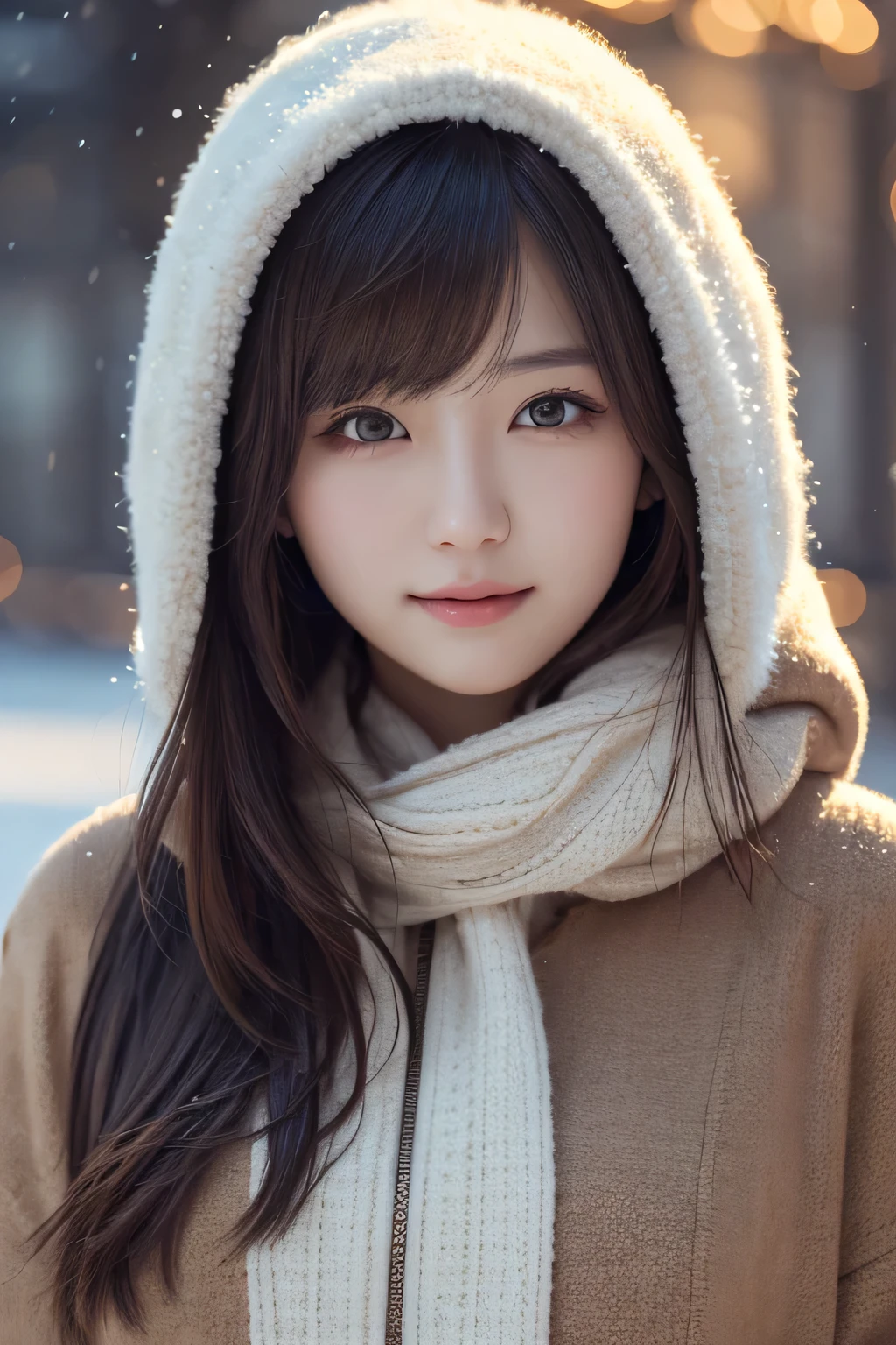 1 girl, (wear winter clothes:1.2), (immature, highest quality), (realistic, Photoreal:1.4), table top, very delicate and beautiful, very detailed, 2k wallpaper, wonderful, finely, very detailed CG Unity 8K 壁紙, Super detailed, High resolution, soft light, beautiful detailed girl, very detailed目と顔, beautifully detailed nose, beautiful and detailed eyes, cinematic lighting, winter scenery, perfect anatomy, slender body, firm chest, straight semi-long hair, bangs, looking at the viewer, slight smile