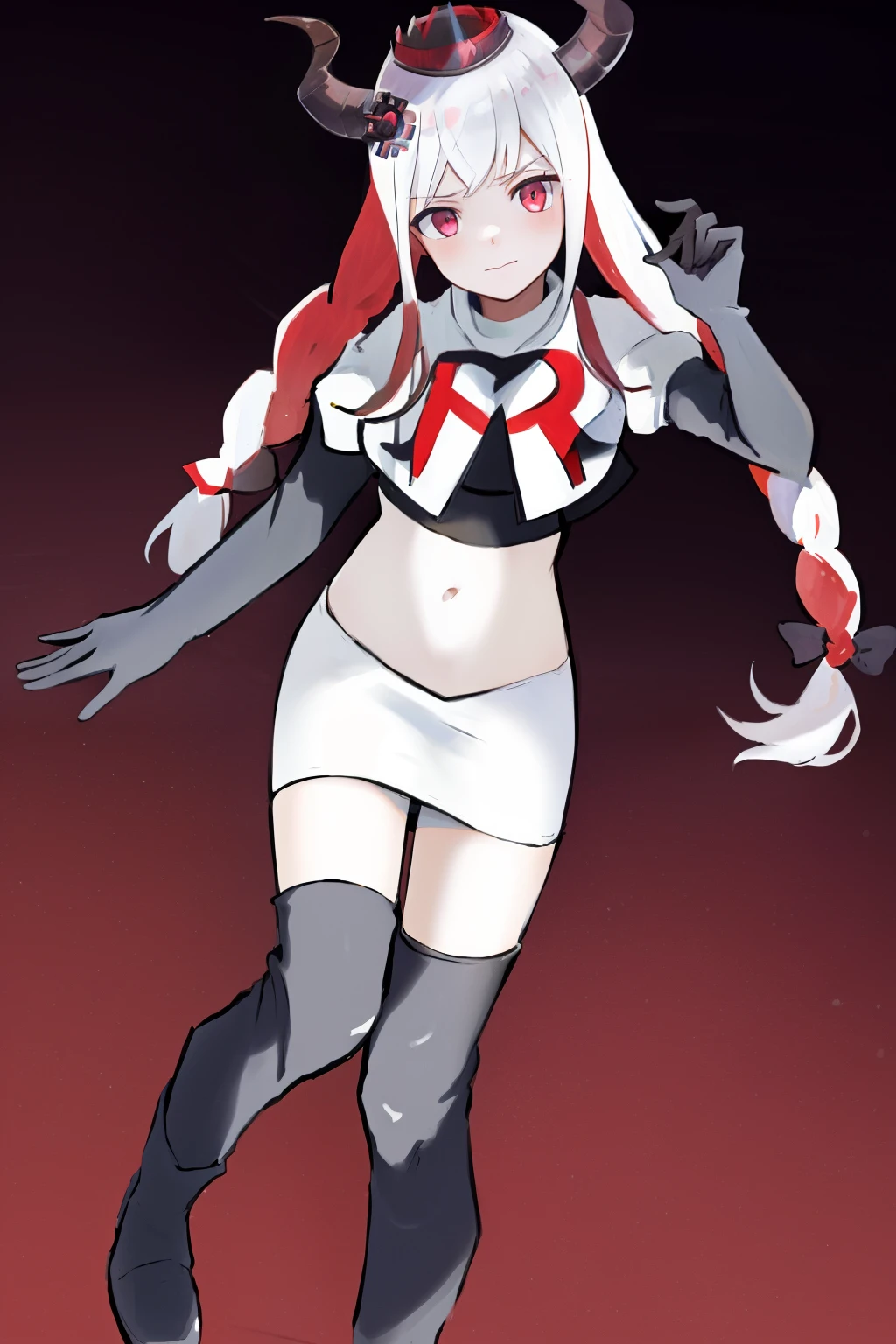 masterpiece, best quality, highres, 1girl twintails twin braids hair ornament demon horns crown, team rocket,team rocket uniform, red letter R, white skirt,white crop top,black thigh-highs,black elbow gloves,