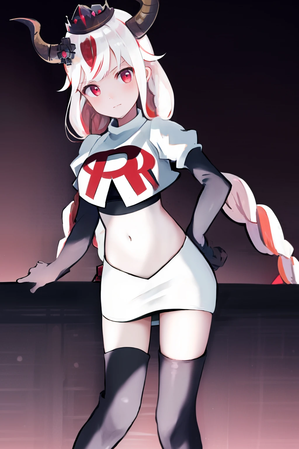 masterpiece, best quality, highres, 1girl twintails twin braids hair ornament demon horns crown, team rocket,team rocket uniform, red letter R, white skirt,white crop top,black thigh-highs,black elbow gloves,