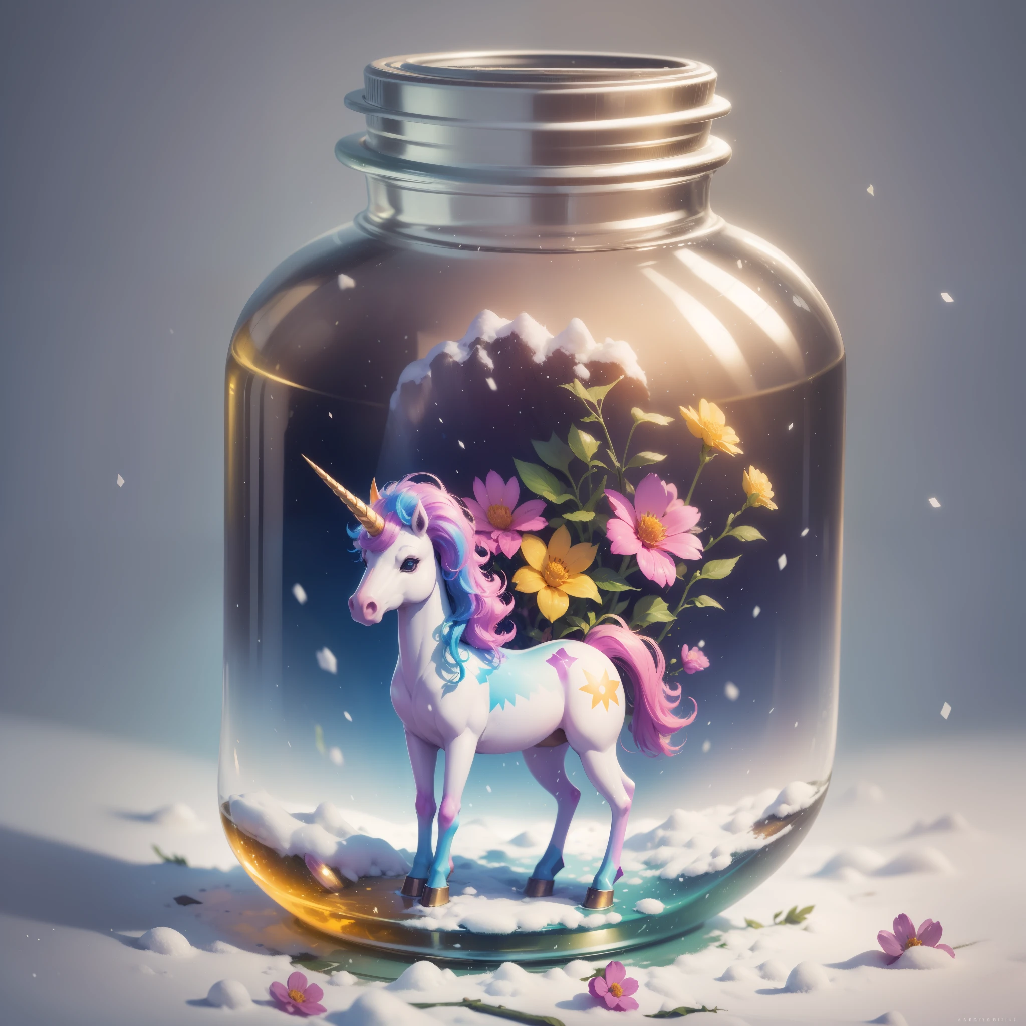 Colorful unicorns, stand on a platform, Side photo, thin and long, In the bottle, full of flowers, snow, simple background, illustration