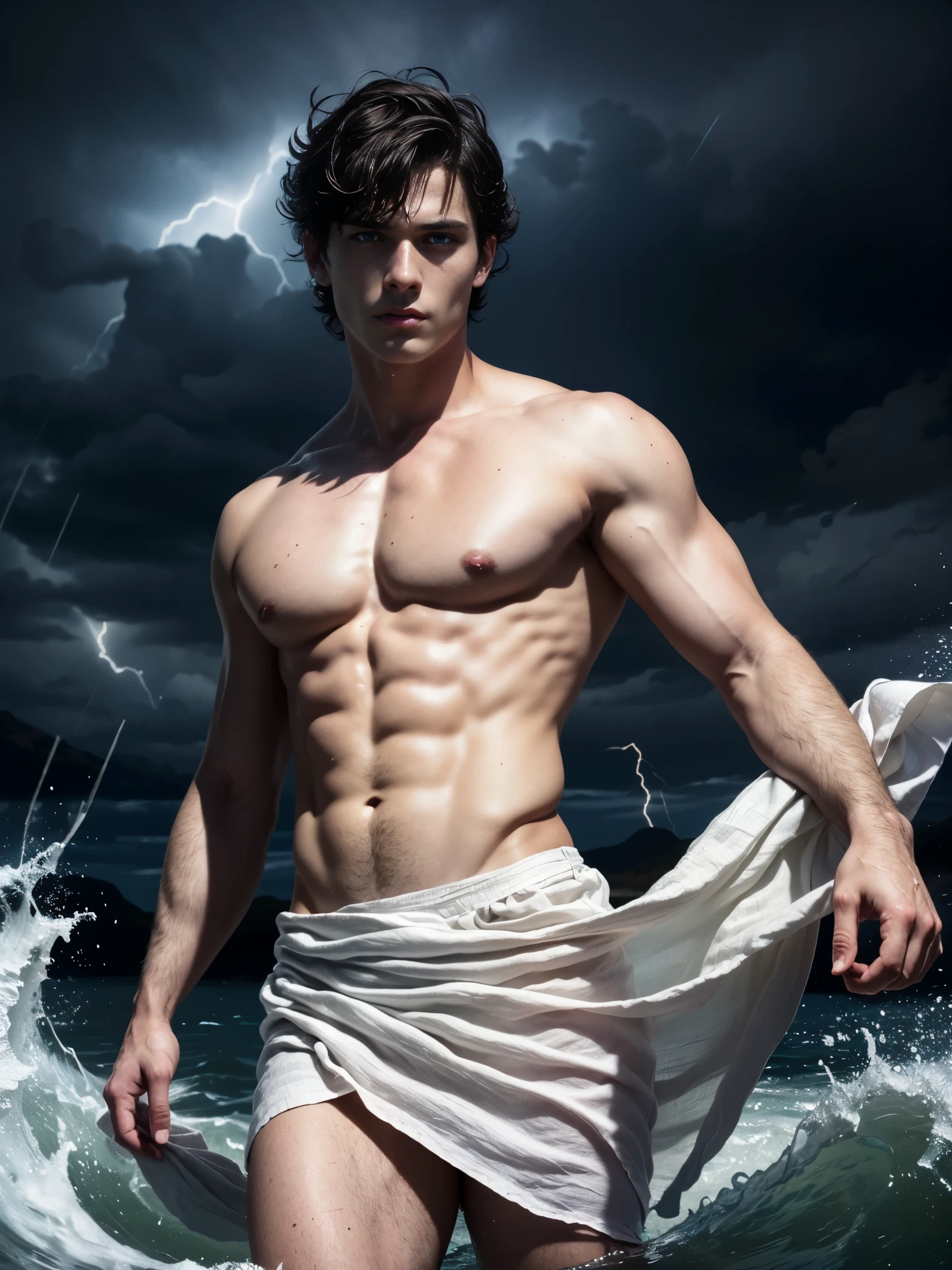 ((masterpiece)),((best quality)),8k, high detailed, ultra-detailed, Stylish Pose, real skin texture, dark cinematic lighting, 18-year-old italian male model, handsome, cute looking, divine look, powerful , (blue eyes:1.4), (god Poseidon:1.3), god of the seas, Neptune, godly, hydrokinesis, bending water, displaying the ability to manipulate water, creating massive waves and bend water, white pale skin, roman god physic, intense, blue eyes, (dry short hair:1.8), dry short brown messy hair, strong jawline, masculine, muscular, defined fit body, hairless chest, shirtless, pantless, open sea, sinister aesthetic, black storm clouds, lightning clouds, deep blue ocean waves, (night dark storm:1.6), barelegged, barefoot, antique cloth, antique linen spartan skirt, (white linen antique draped cloth skirt:1.6),,,,, dim light, dark atmosphere, cinematic lighting, Depth of field, award-winning photography, elegant, hyperrealistic, octane render, unreal, high definition, 8k resolution, highly detailed, 8k uhd, professional lighting, photon mapping, radiosity, physically-based rendering