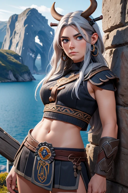 obra maestra, 20 year old Norwegian girl, pelo negro, pelo trenzado vikingo, (disfraz de guerrero vikingo:1.4), pechos medianos, blue-gray eyes, ojos muy detallados, very pale skin, gritando, detalles locos, Realista, cara detallada, Pintura facial, textura de piel detallada, brutal, difficult , determinado, ultra high resolution.photoRealista:1.4, HD, Toma de cuerpo completo, beautiful norwegian fjord early morning background, Soft lighting