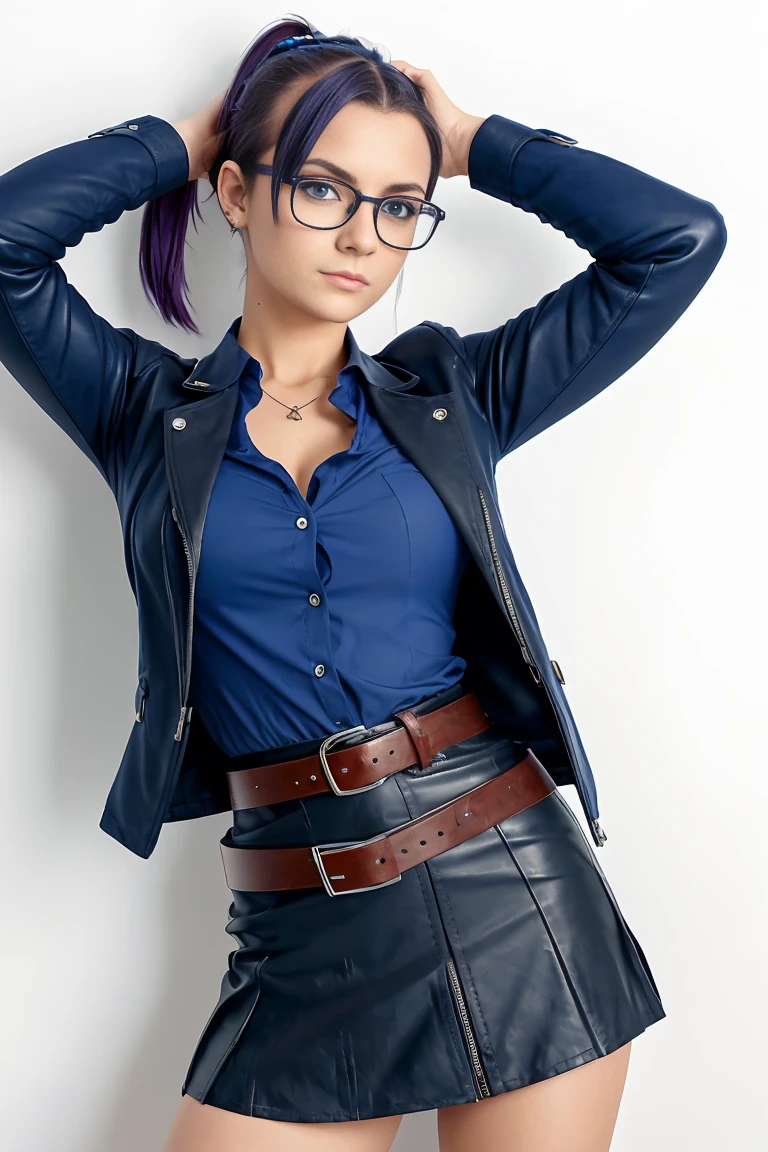 25 year old european woman with short indigo hair in a ponytail dressed in a schoolgirl outfit with leather miniskirt, cleavage, belt, glasses. Blue eyes with eye liner. Neutral background