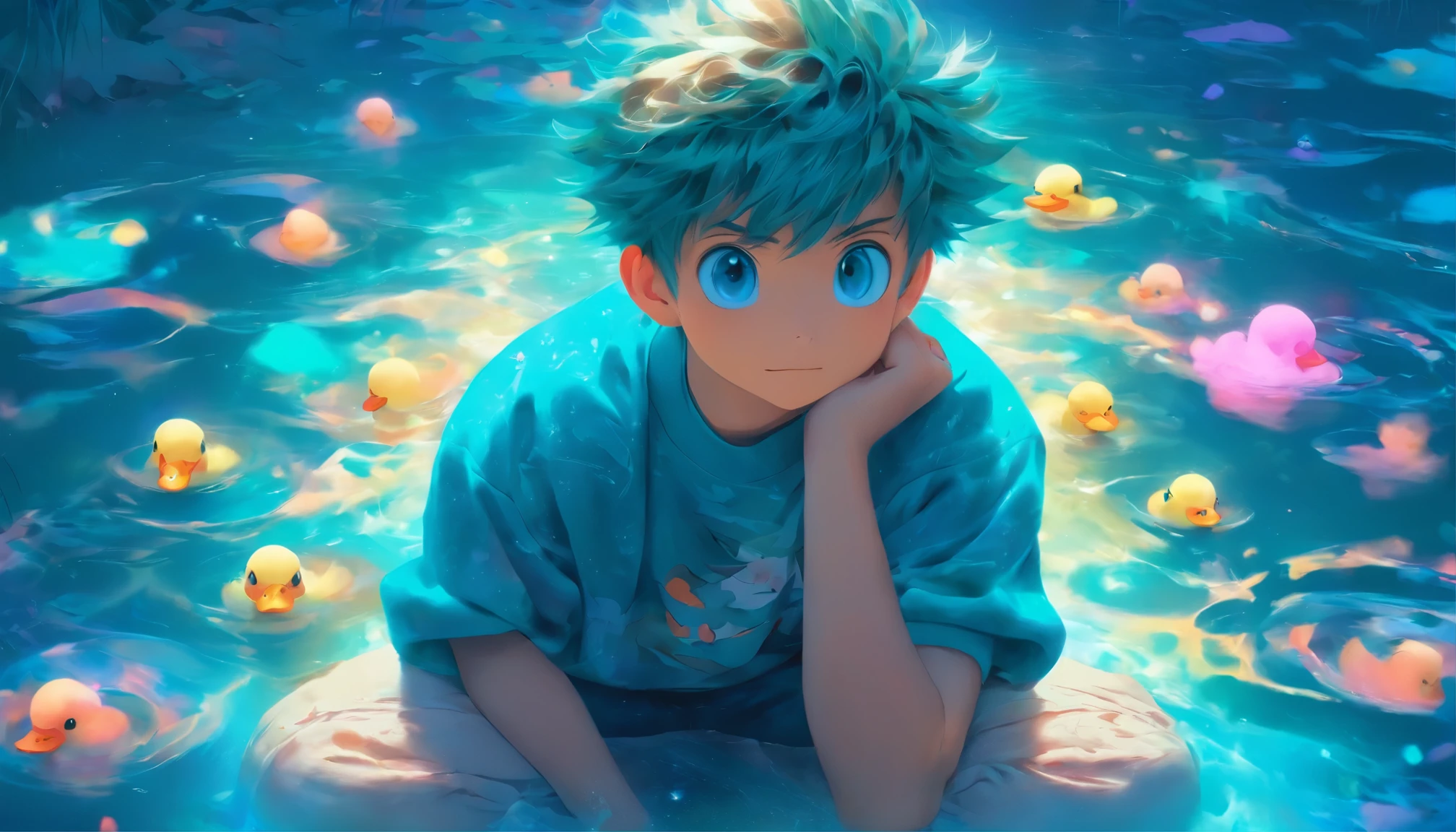 surreal,ultra photorealisticim,super fine,Genki Boy,Looks like a whole body,adorable,Duck sitting,smile,short and fine hair,chi bangs,sweatshirt,denim pants,Athletic sneaker hair is meticulously drawn,The eyes are meticulously painted, Highly detailed surreal VFX,oc rendering,