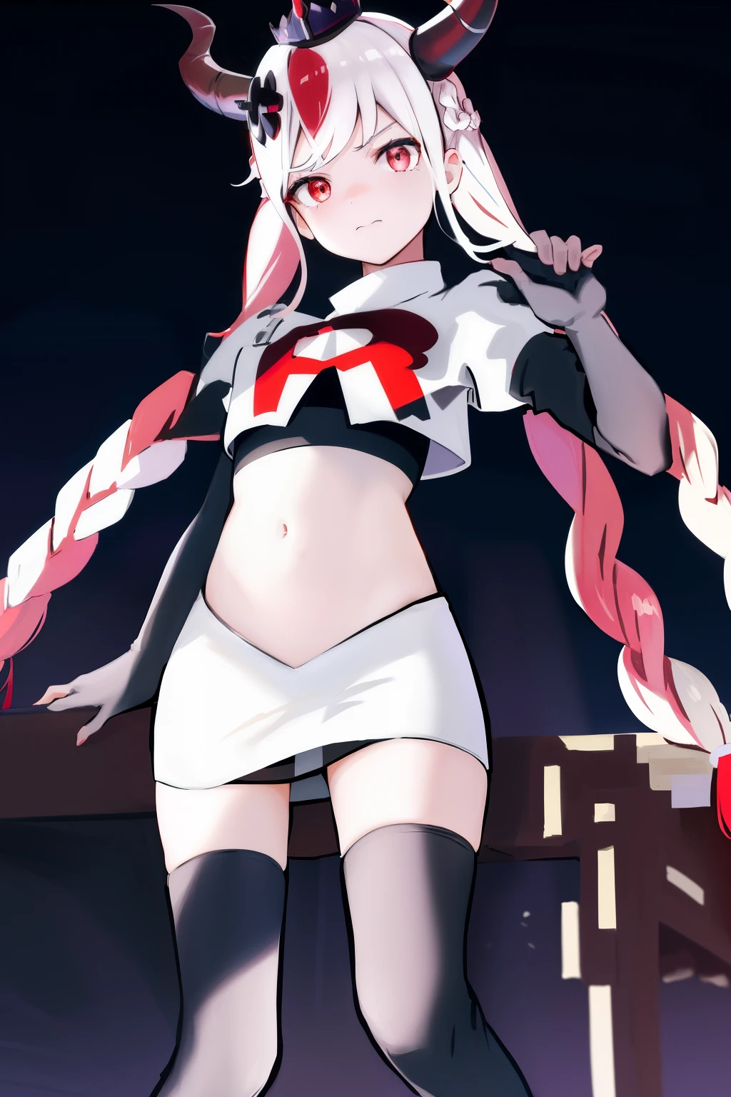 masterpiece, best quality, highres, 1girl twintails twin braids hair ornament demon horns crown, team rocket,team rocket uniform, red letter R, white skirt,white crop top,black thigh-highs,black elbow gloves,