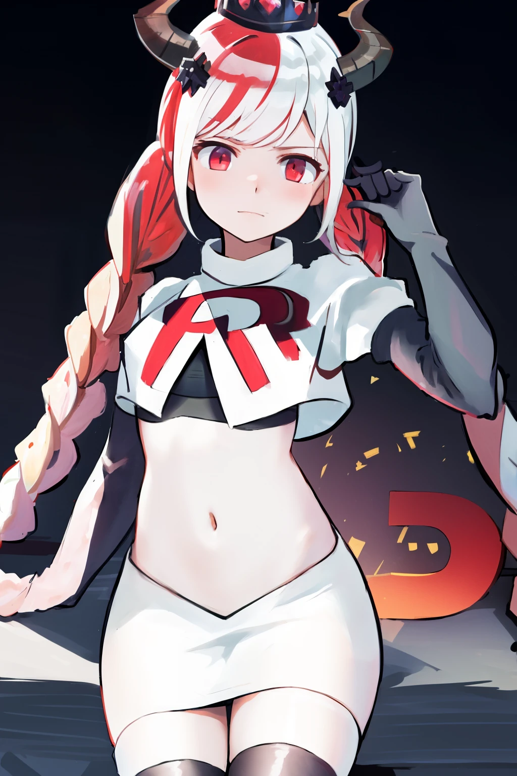 masterpiece, best quality, highres, 1girl twintails twin braids hair ornament demon horns crown, team rocket,team rocket uniform, red letter R, white skirt,white crop top,black thigh-highs,black elbow gloves,