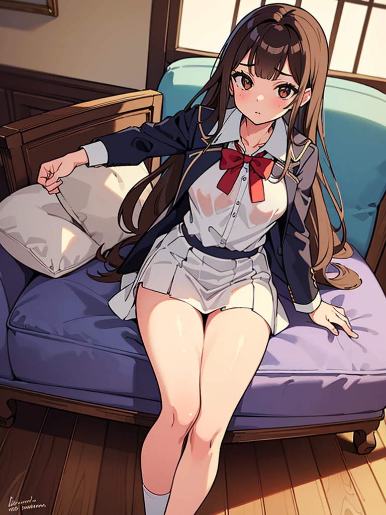 ( nsfw, very detailed depiction, clear depiction, A masterpiece, high resolution, high degree of perfection, Don't skimp on the details, perfect anatomy), one girl, cute face, A detailed face, slender body, beautiful legs, semi-long hair,( brown eyes, sparkling eyes), beautiful nose, ( high school girl uniform), sensational pose, living room, 