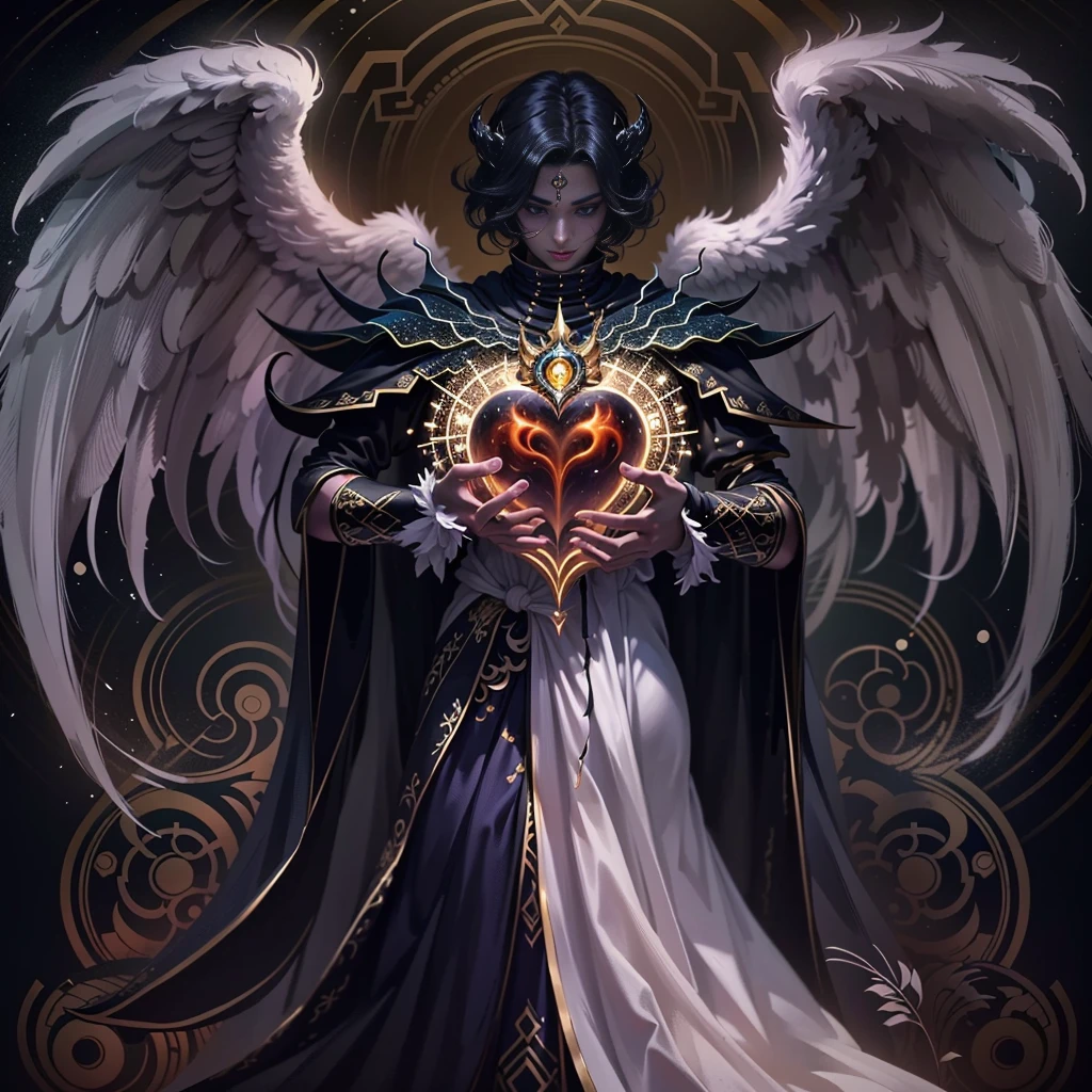 METADE BRANCA E METADE NEGRA!!!! (8k, Foto RAW, melhor qualidade), (Realistic, photo-Realistic:1.37) ((ARTE SURREALISTA)), ((DARK FANTASY ART)), Uma jovem loira com vestido branco com asas, ((the wing on the right is that of a devil and the wing on the left is that of an angel)), half angel half demon, symmetrically divided in half between angel and demon, hands hold a heart floating in the middle of the chest, ((YU-GI-OH! CARD CHANGE OF HEART)), ((A single person in the photo)), ((dualidade)), ((dualidade luz e trevas)), ((DARK ANGEL)), ((DUAL FACE)),