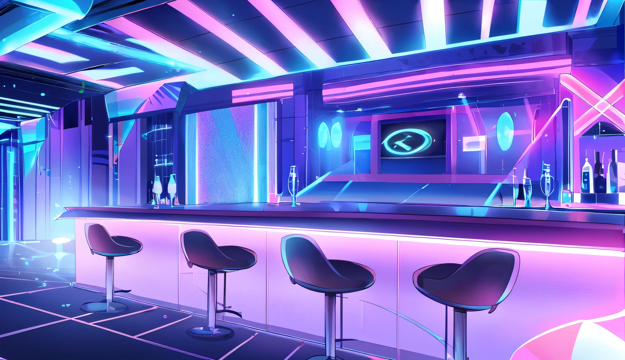 by fumiko, by hyattlen, digital rave venue, futuristic party, empty, futuristic lights, future bar, empty