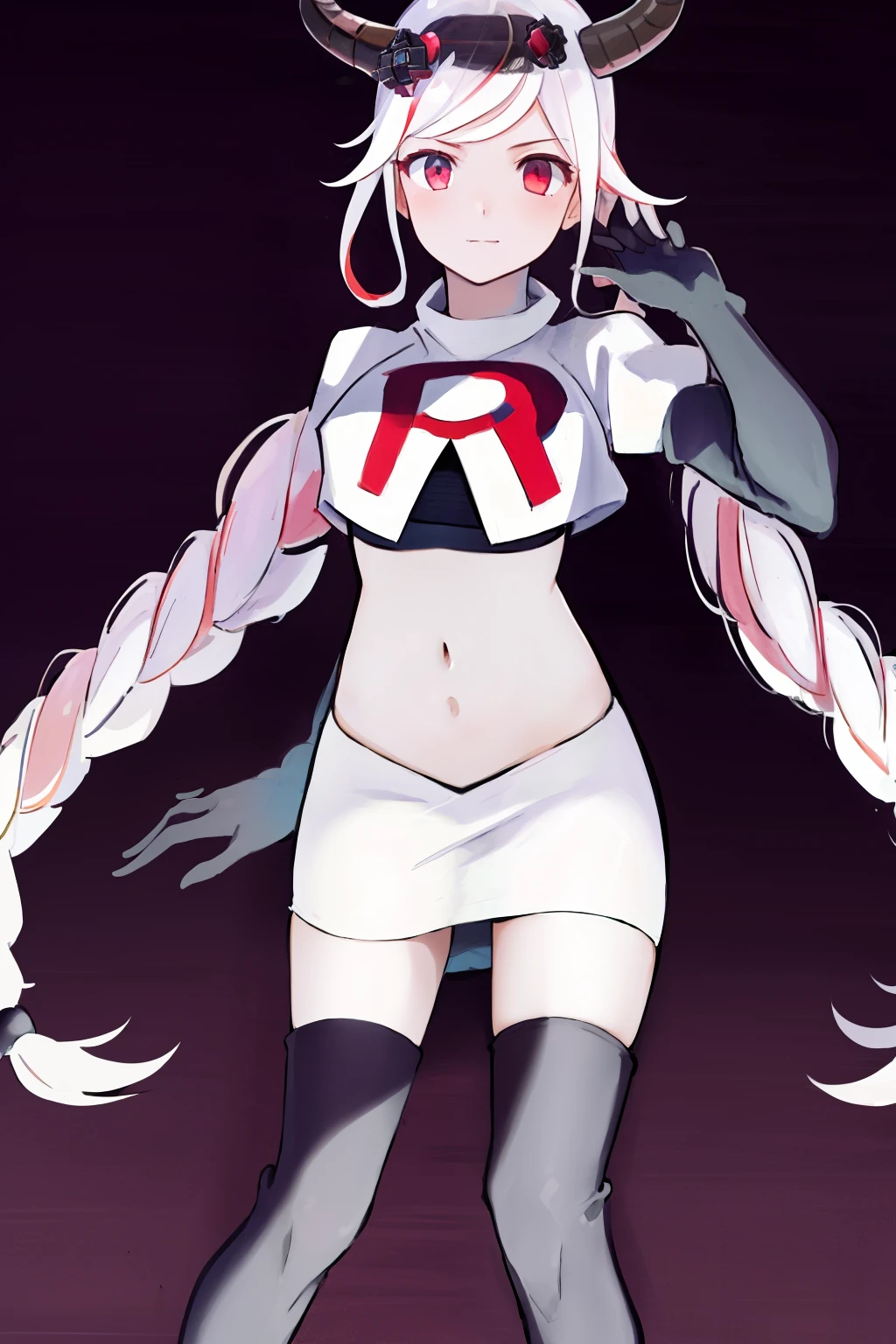 masterpiece, best quality, highres, 1girl twintails twin braids hair ornament demon horns crown, team rocket,team rocket uniform, red letter R, white skirt,white crop top,black thigh-highs,black elbow gloves,