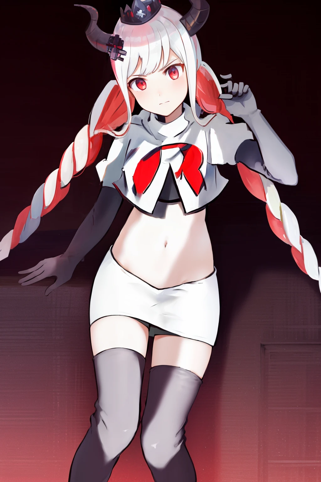 masterpiece, best quality, highres, 1girl twintails twin braids hair ornament demon horns crown, team rocket,team rocket uniform, red letter R, white skirt,white crop top,black thigh-highs,black elbow gloves,