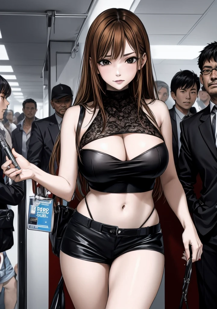 A beautiful adult woman with shoulder-length big breasts, beautiful legs, and a sharp face is standing with middle-aged men in suits on a crowded train wearing a black tube top that exposes her navel and hot pants shaped like black panties.。