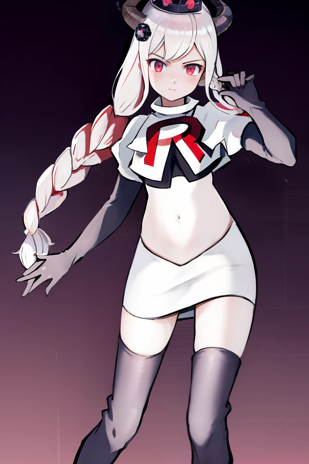 masterpiece, best quality, highres, 1girl twintails twin braids hair ornament demon horns crown, team rocket,team rocket uniform, red letter R, white skirt,white crop top,black thigh-highs,black elbow gloves,