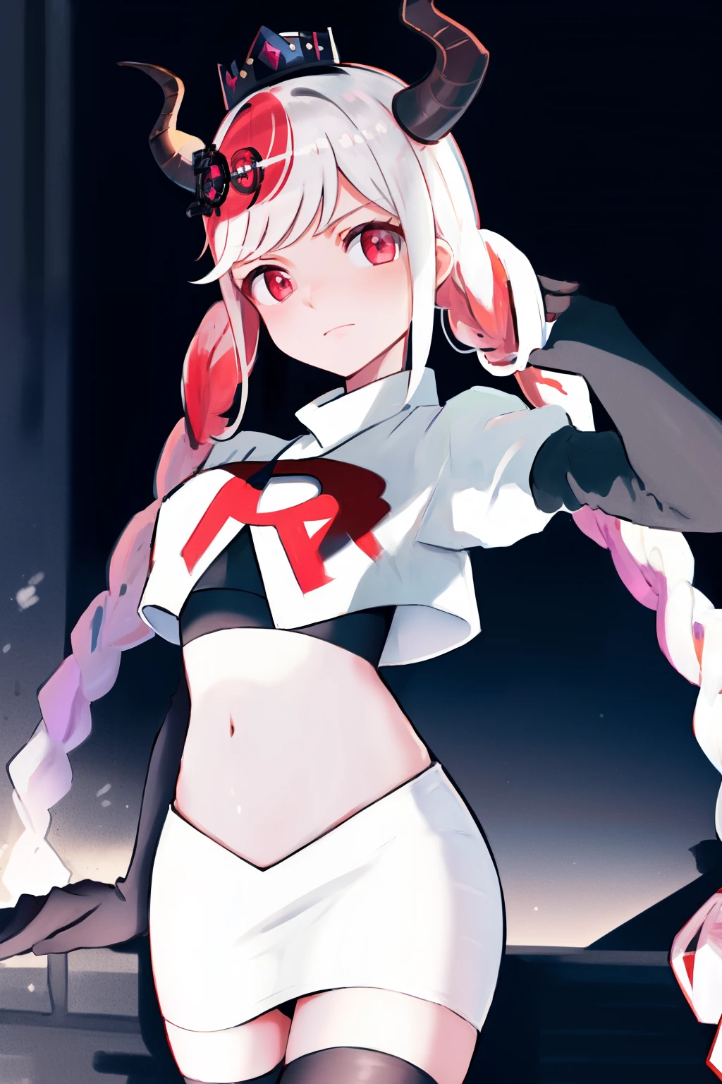 masterpiece, best quality, highres, 1girl twintails twin braids hair ornament demon horns crown, team rocket,team rocket uniform, red letter R, white skirt,white crop top,black thigh-highs,black elbow gloves,